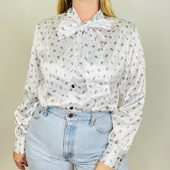 Vintage 70s 80s Handmade Mod Novelty Print Pussy-Bow Button Front Blouse Medium - Picture 9 of 9